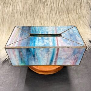 Vtg Hand-Leaded Stained Slag Glass Tissue Box Cover Aqua/Pink Collector Quality